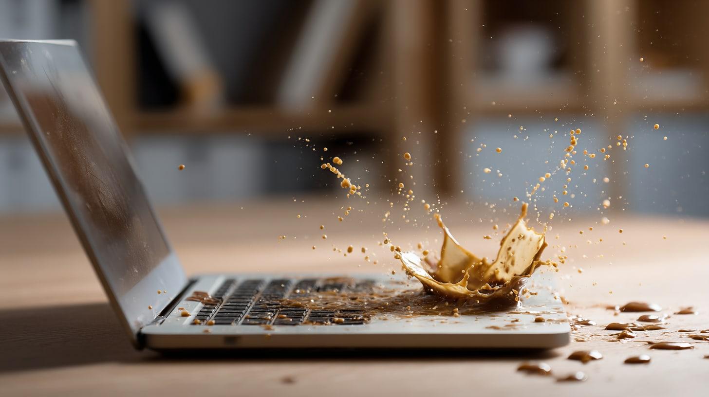 Coffee splashing onto an open laptop keyboard