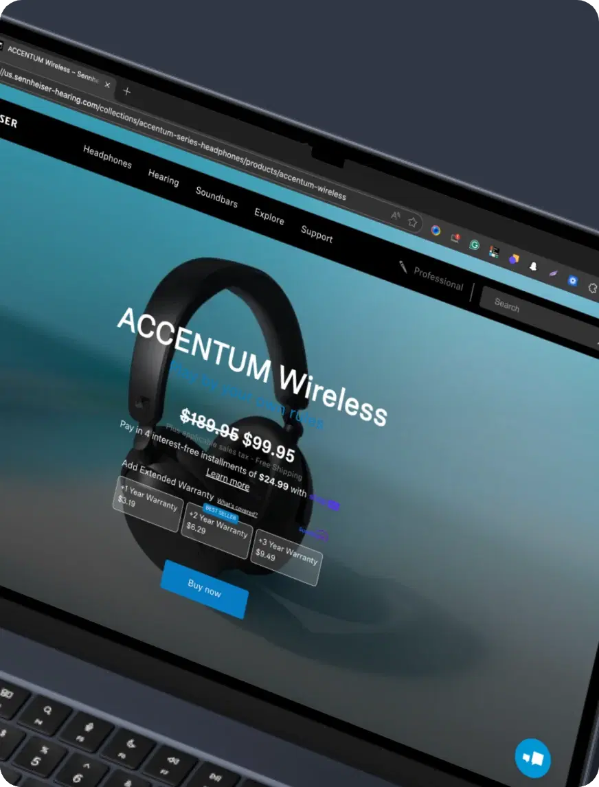 Laptop showing a headphones product page with SureBright's warranty options under the price