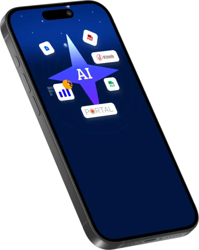 Phone showing SureBright's AI pricing a warranty from quote files, with D-Tools and Portal.io integrations