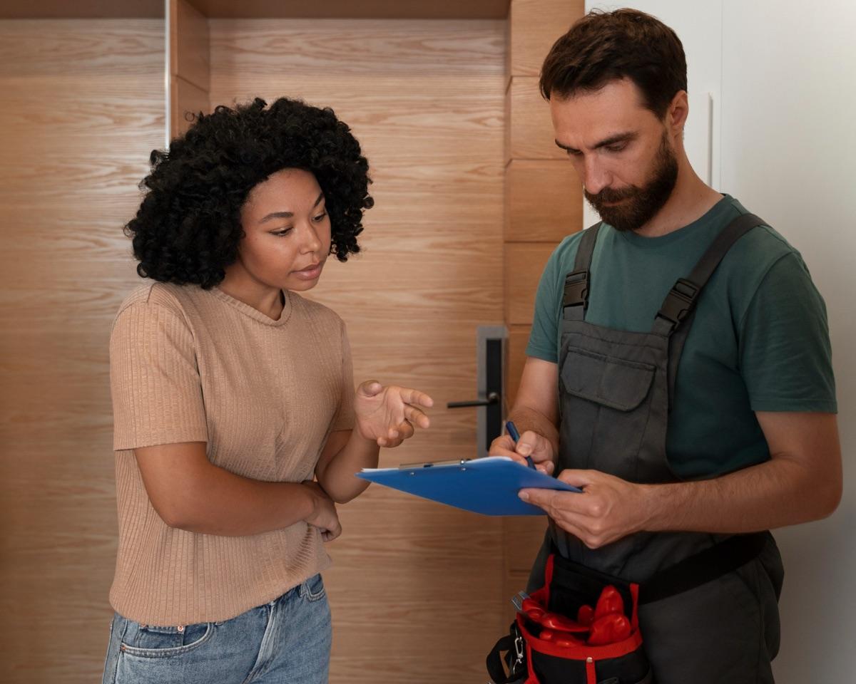 Homeowner talking through a repair with a technician holding a clipboard