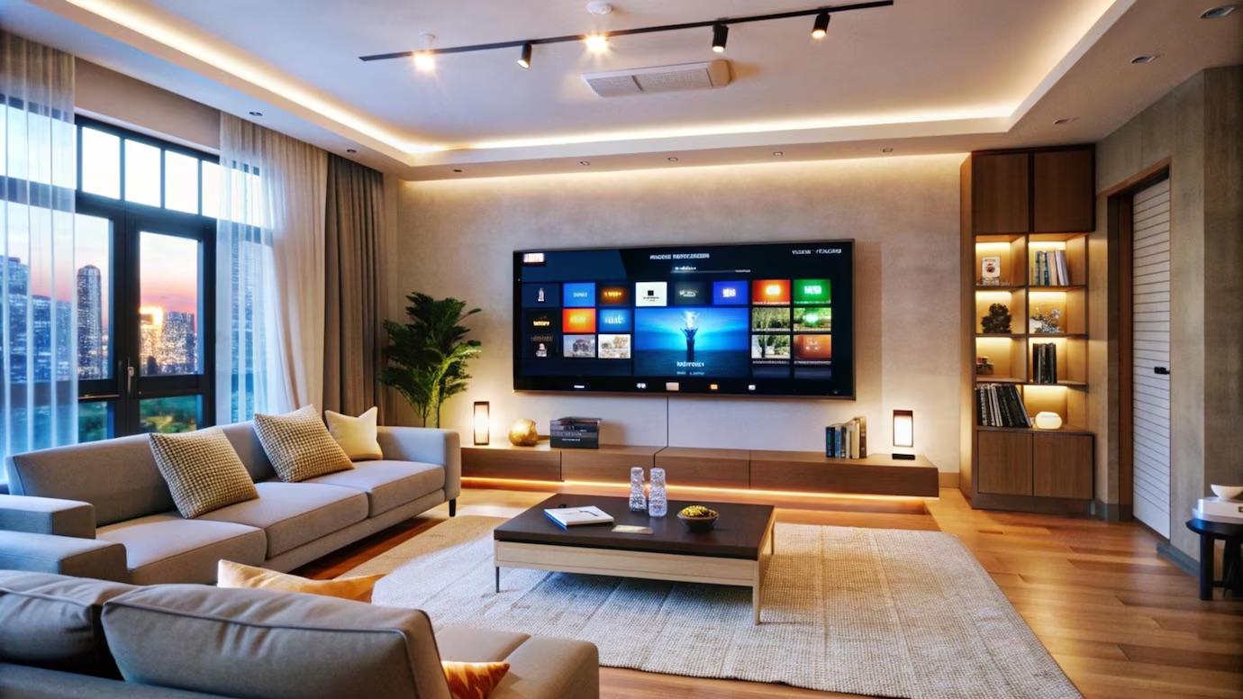 Living room with a wall-mounted TV, track lighting and a custom media wall