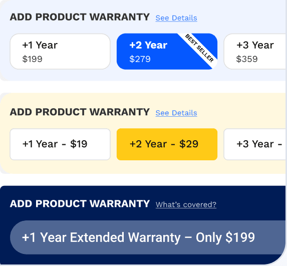 Three warranty widget styles: card options, pill options and a dark dropdown