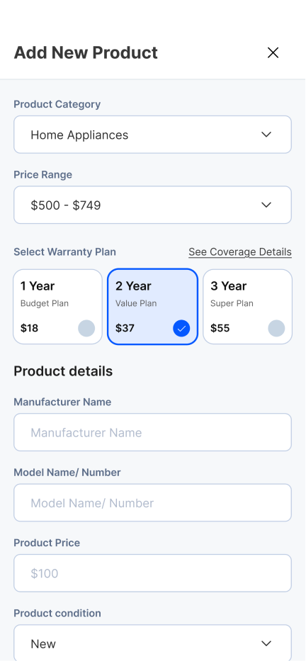 SureBright POS app adding a 2 year warranty plan to a home appliance